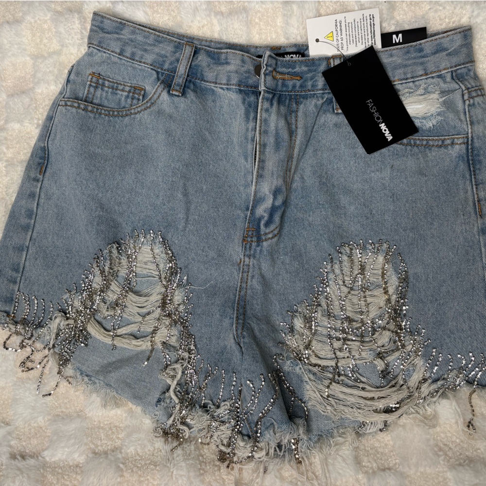 Fashion Nova Blue and Silver Distressed Jean Shorts